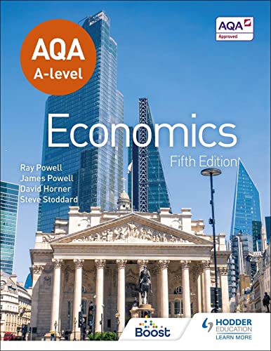Textbook cover for AQA A-level Economics Fifth Edition featuring a London city skyline.