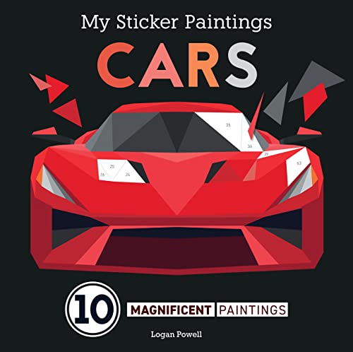 Red sports car sticker painting book for children, with numbered sections.