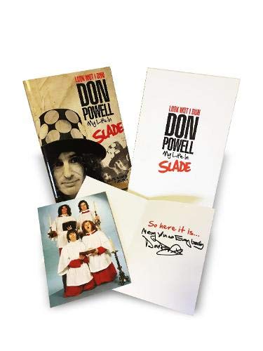 Book cover featuring drummer Don Powell and band Slade, with signed card.