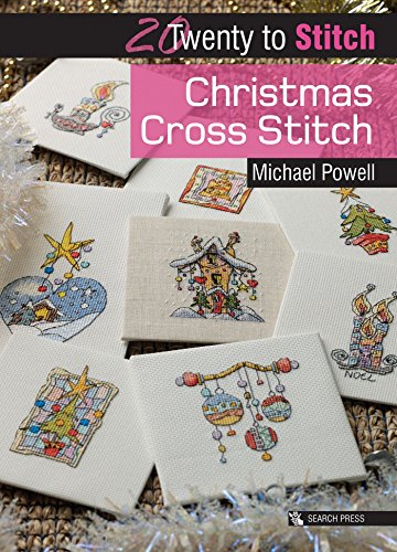 Book cover featuring various Christmas-themed cross stitch designs on small white fabric squares.