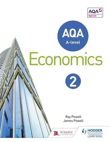 "Textbook cover with 'AQA A-level Economics 2' title, featuring a modern building."