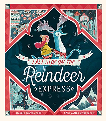 Book cover: child riding a reindeer toward a snowy town.