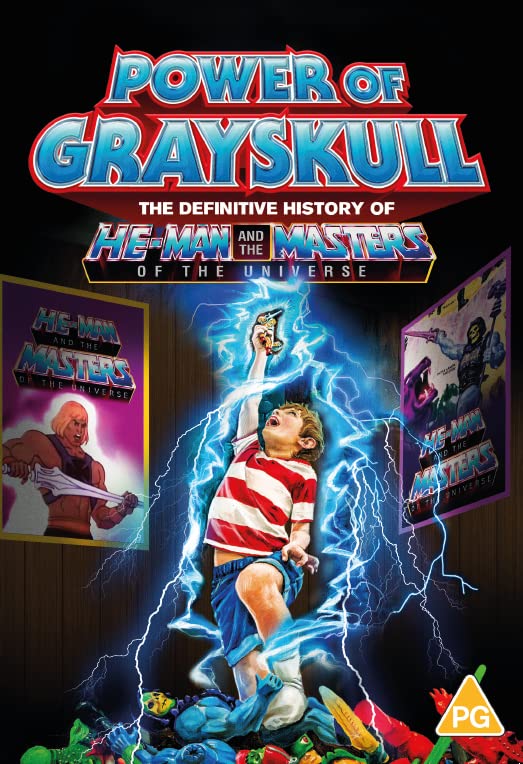 A boy holds a toy sword surrounded by lightning with He-Man posters in background.