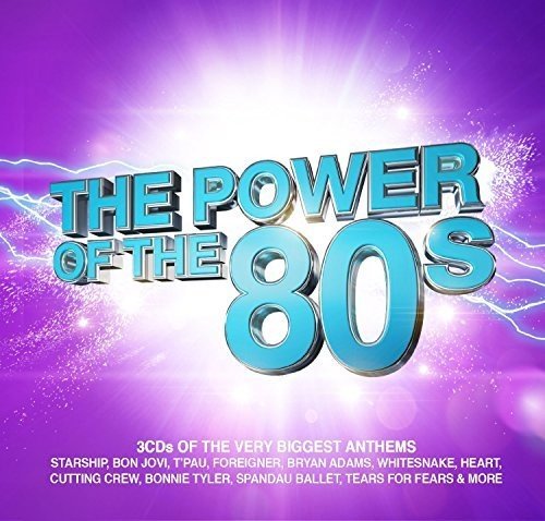 CD cover for “The Power of the 80s” with blue text and lightning bolts.