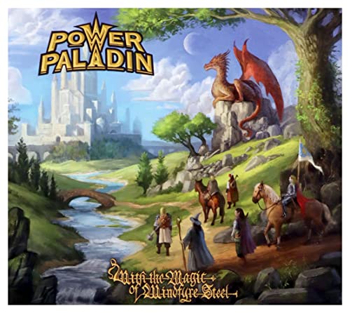 Fantasy album cover: castle, dragon, riders, and a winding river landscape.