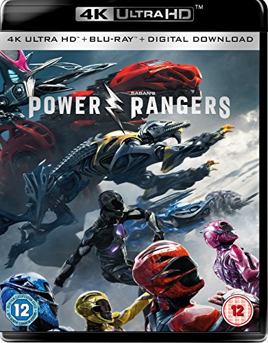 Power Rangers 4K UHD Blu-ray cover featuring the team and their mechanical Zords.