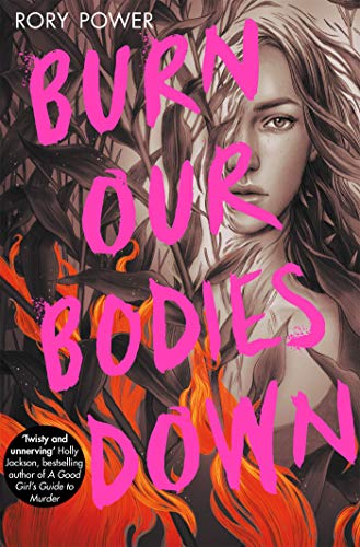 Book cover: woman’s face obscured by flames and foliage, pink title text.