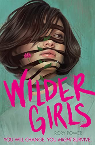 Book cover showing a girl's face wrapped in ribbons with flowers against teal background.