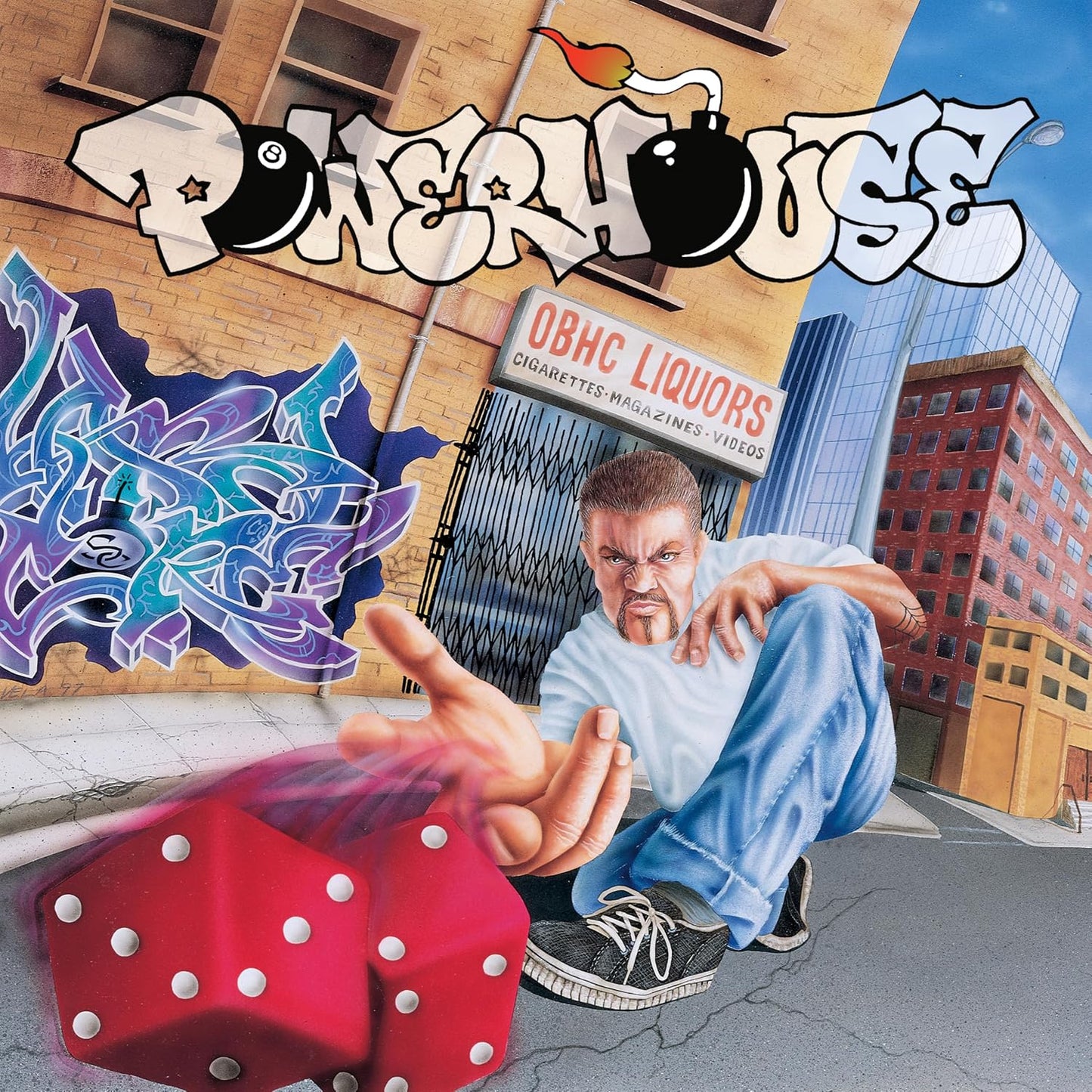 Album cover: Powerhouse, man with dice, graffiti, and city background.
