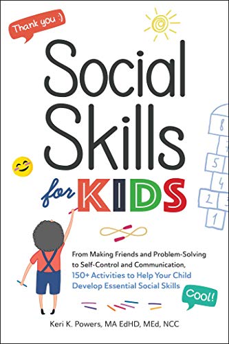 Book cover titled Social Skills for Kids with illustrations of a child and hopscotch.