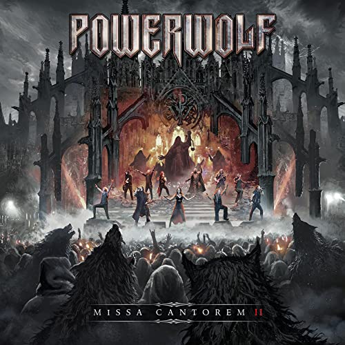 Powerwolf album cover: gothic cathedral, figures, wolves, and dramatic lighting.