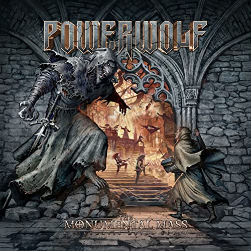 Powerwolf album cover: a cloaked figure with a cathedral and battle scene.