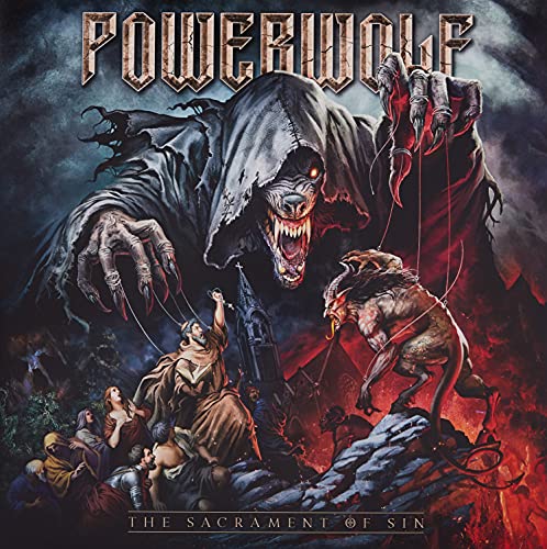 A hooded werewolf puppeteer controls a demon above a group of people and church.