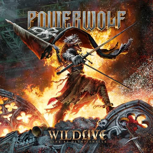A werewolf warrior holding a flag and sword amidst fire and stone ruins.
