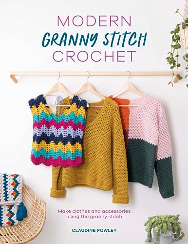 Book cover showing three crocheted garments hanging on a rack against a white wall.