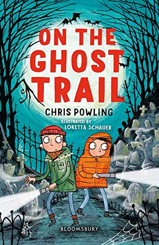 Book cover: two children with flashlights explore a spooky graveyard.