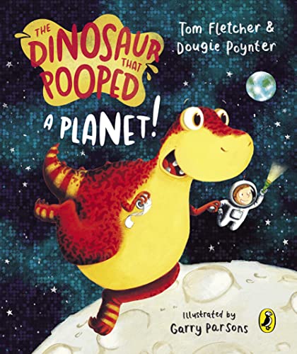 Orange dinosaur with an astronaut on the moon, starry background.
