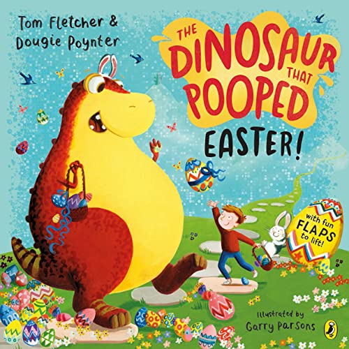 Red dinosaur with Easter eggs and a boy in a green field.