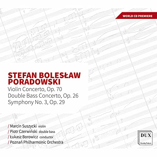 CD cover for Poradowski’s symphonic works with musical score background.