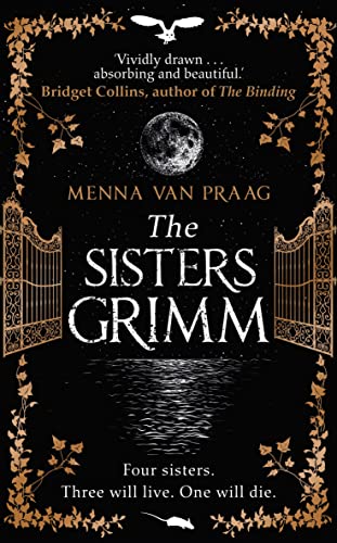 Book cover: dark background, ornate gates, moon, and title “The Sisters Grimm”.