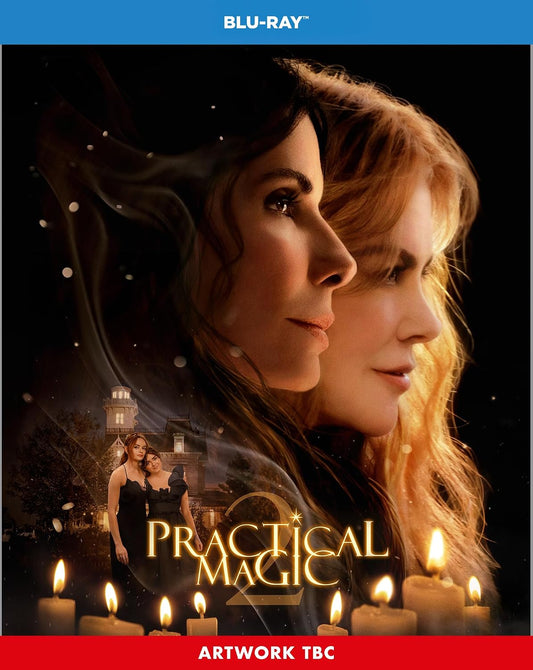 Blu-ray cover for “Practical Magic 2” featuring a woman’s face and a house.