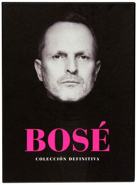 Black and white portrait of Miguel Bosé with pink text "BOSÉ".
