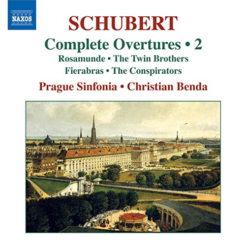 CD cover for Schubert overtures, featuring a Prague cityscape painting.