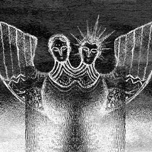 Black and white illustration of two faces with radiating lines.