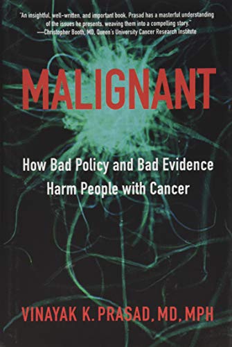 Book cover with the title Malignant and a glowing green cellular image.