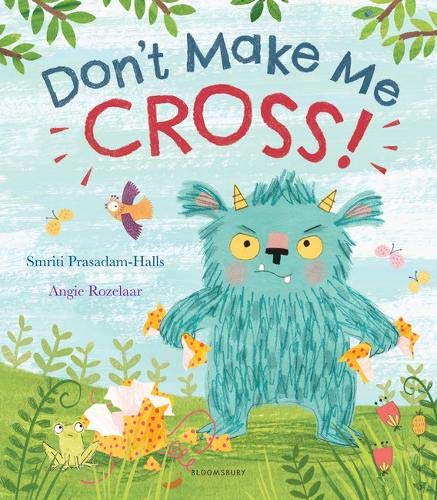 Book cover: blue monster, small frog, and butterflies on a green hill.