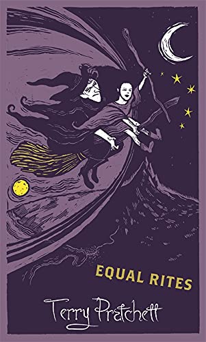 Book cover: two figures on a broomstick under a crescent moon.