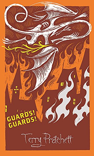 "Book cover with brown background, white dragon, and 'Terry Pratchett' in white text."
