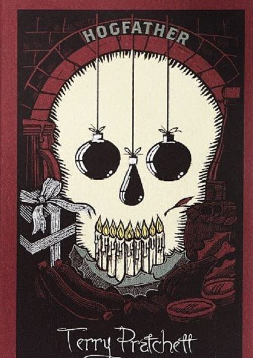 Book cover: skull with ornaments and candles, title "Hogfather" by Terry Pratchett.