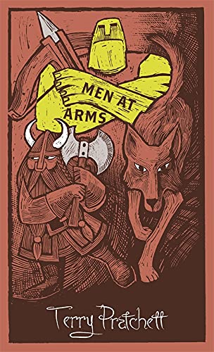 Book cover featuring dwarf, wolf, axe, and banner with “Men At Arms” text.