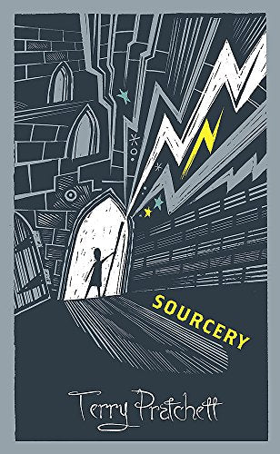 "Sourcery" book cover featuring a black-and-white illustration of a person in an arched doorway.