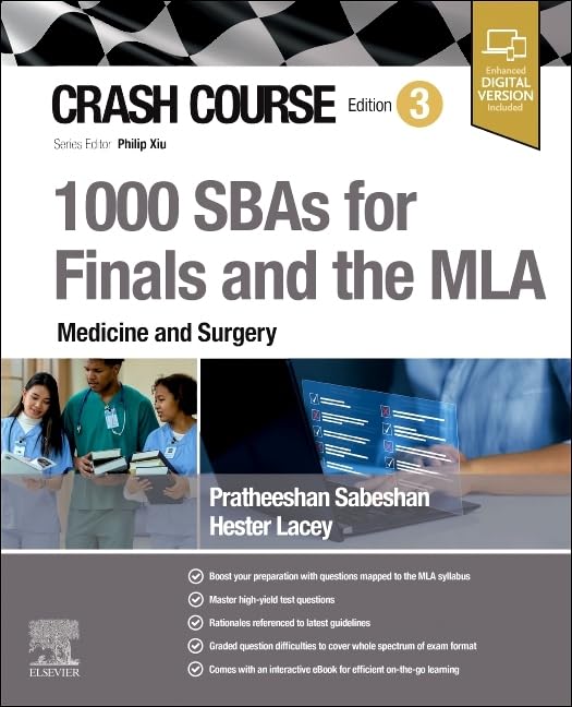 Medical textbook cover with students and digital screen, titled "Crash Course 1000 SBAs".