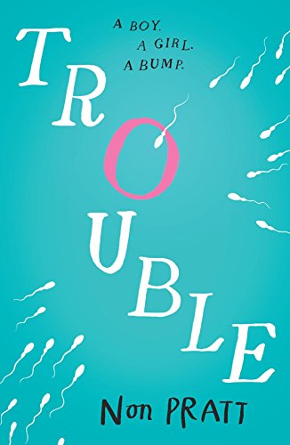 Book cover for "Trouble" with large text and sperm illustrations.