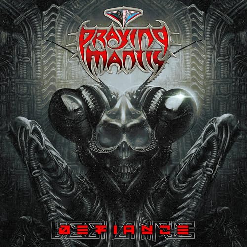CD cover for Praying Mantis’ “Defiance” featuring a skull and insect imagery.