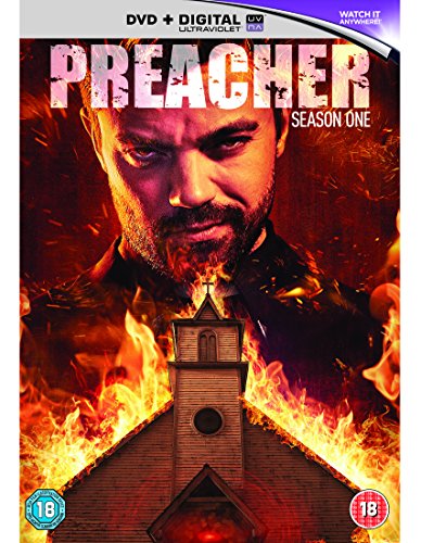 DVD cover for Preacher Season One featuring a man over a burning church.