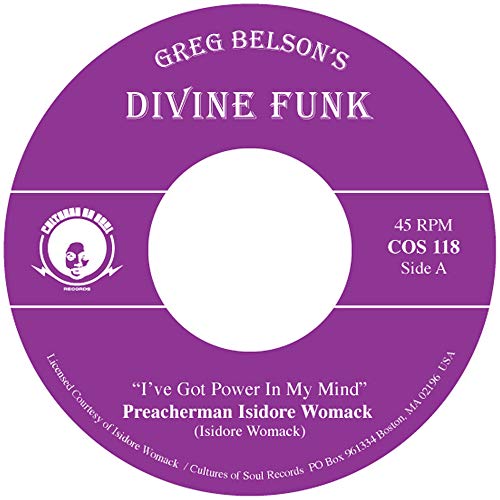 Purple vinyl record label with white text: "Divine Funk," "I've Got Power.