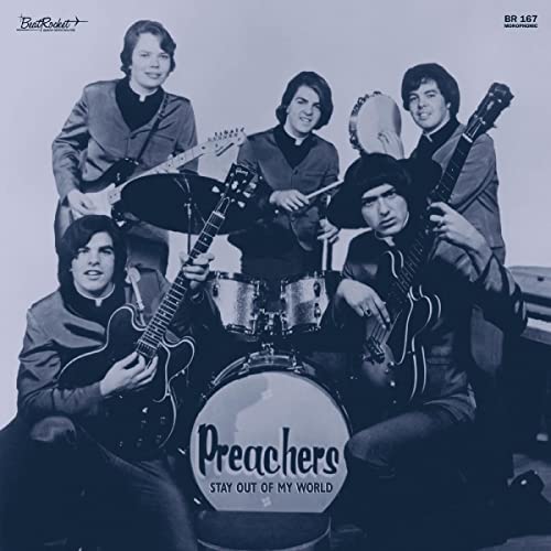 Five band members in matching outfits with instruments, centered around a drum with band name.
