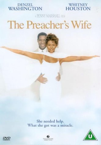 Movie poster for "The Preacher's Wife" featuring Denzel Washington and Whitney Houston.