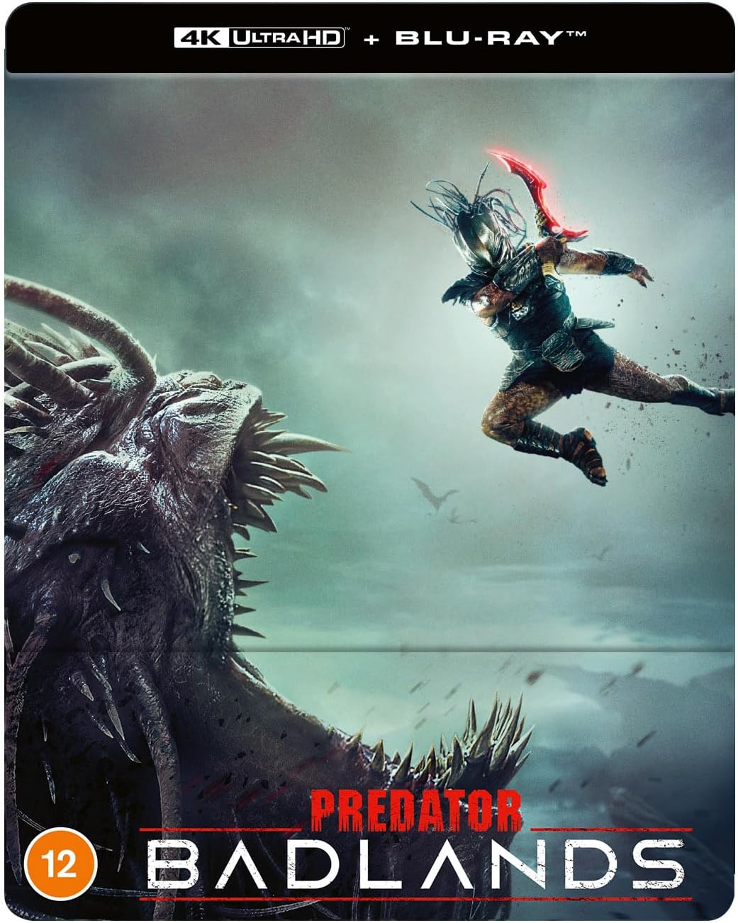 A Predator leaps toward a large, toothy creature on this Predator Badlands steelbook cover.