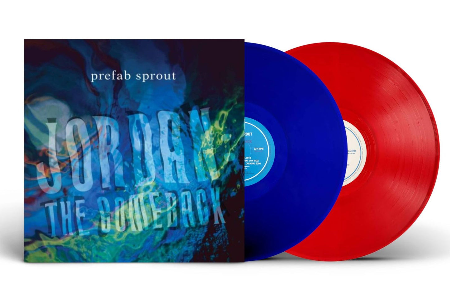 Prefab Sprout Jordan: The Comeback album cover with one blue and one red vinyl.