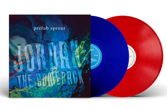 Prefab Sprout Jordan: The Comeback album cover with one blue and one red vinyl.