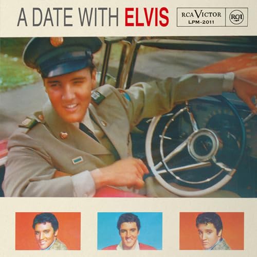 Elvis Presley in army uniform driving a car, album cover image.