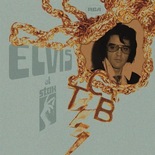 Elvis Presley portrait framed by a gold chain, album cover art.