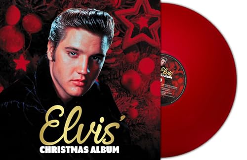 Elvis Presley’s “Christmas Album” on red vinyl record with portrait.