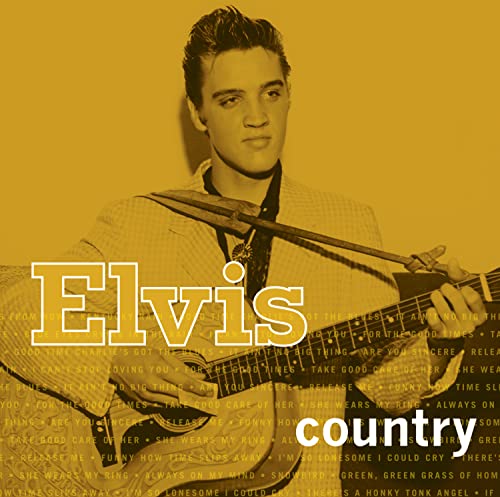 Elvis Presley playing an acoustic guitar, tinted in yellow, with album text overlay.