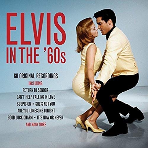 Elvis Presley and a woman in yellow clothing dancing on a blue background.